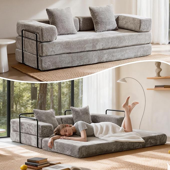Convertible Floor Sofa Bed Fold Out Floor Couch with Pillow Back &amp Armrest Compressed Couch with Fixed-Shape Frame Chenille Foldable Sleeper Sofa Bed for Living Room Bedroom Light Grey