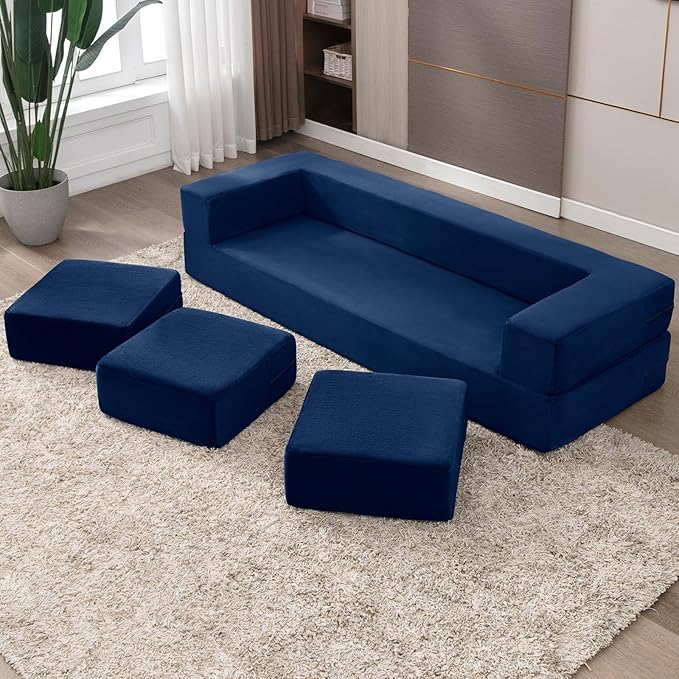 CECER 80 Convertible Floor Sofa BedFolding Sofa Bed with 3 OttomansVelvet Modular Sectional Futon SleeperFoldable Memory Foam Couch for Living Room/Guest Room/Playroom（Blue）