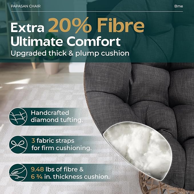 Bme 40 Ergonomic Wicker Papasan Chair with Soft Thick Density Fabric Cushion High Capacity Steel Frame 360 Degree Swivel for Living Bedroom Reading Room Lounge Onyx Stone - Brown Base