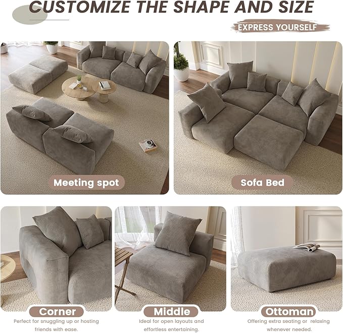 Sectional Couches for Living Room102inch Cloud Couch Modular Sectional SofaModern Corduroy Couch Love SeatCushion Covers Removable&amp Washable (Brown)
