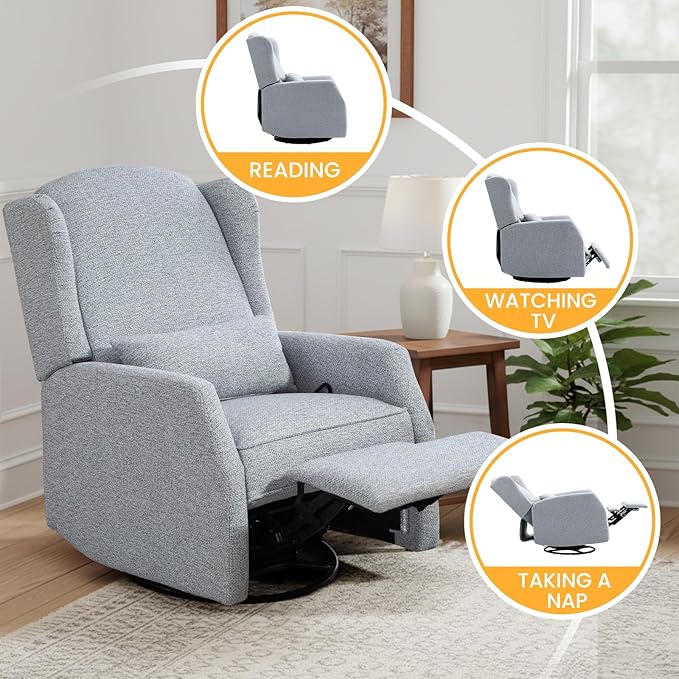 Nursery Swivel Glider Recliner Chair with Segmented Footrest Modern 360° Rocking Manual Motion Sofa with Lumbar Pillow Detachable Wings &amp Armrest for Living Room Bedroom (LightGray)