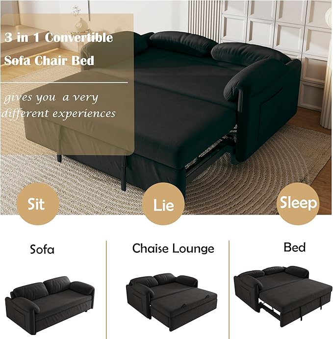 KEIKI 3 in 1 Full Velvet Convertible Pull Out Sofa Bed Adjustable Backrest &amp Side Pockets Modern Sleeper Recliner Couch for Living Room Black