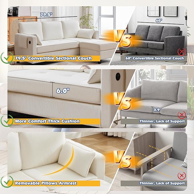 Grepatio Sectional Sofa Couch 80 L Shaped Convertible Sofa with 2 Pockets &amp USB Ports 3-Seater Comfy Cloud Modular Couches with Movable Storage Ottom for Living Room Apartment Small Space (Be