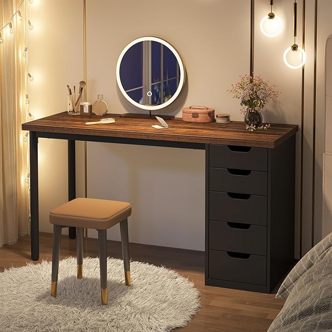 Tribesigns Computer Desk with 5 Drawers 47 inches Rustic Brown Home Office Desk with Storage Modern Simple Laptop Desk Study Writing Table for Small Spaces (1 Brown+Black)