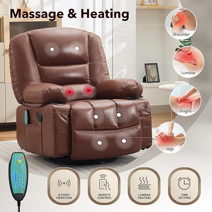 Oversized Wide Recliner Chair-Heat and Vibration Massage PU Leather Manual Recliner for Adults 360° Swivel Rocker Chair with Cup Holders &amp Side PocketLazy Boy Chair for Living Room BedroomBro
