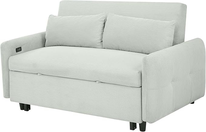 Pull-Out Sofa Bed Convertible Couch 2 Seat Loveseat Sofa Corduroy Fabric Upholstered Sleeper Sofa with 2 Throw Pillows and USB Ports for Living Room Office Apartment (Pale Green)