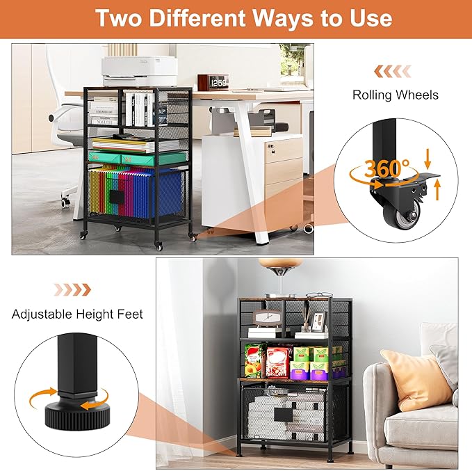 EasyPAG Rolling Cart with Storage Drawer Under Desk Filling Cabinet with Mail Sorter Pull Out Hanging File Rack for Letter Size Folders Mobile Utility Craft Cart for Home Office Black