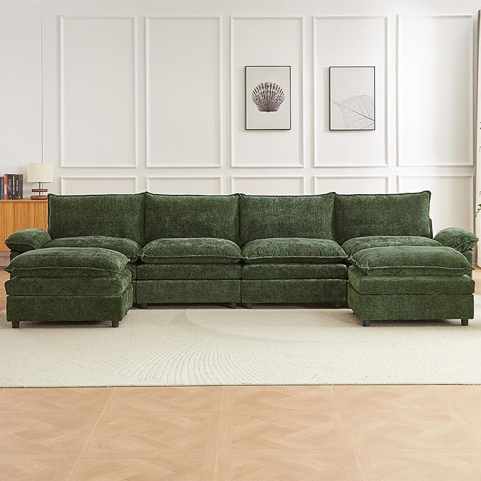 Modular Sectional Sofa 146.8 Inch U Shaped Couch Set with Armrests 4-Seater Comfy Cloud Boneless Couches with 2 Movable Ottomans for Living Room Apartment Dark Green