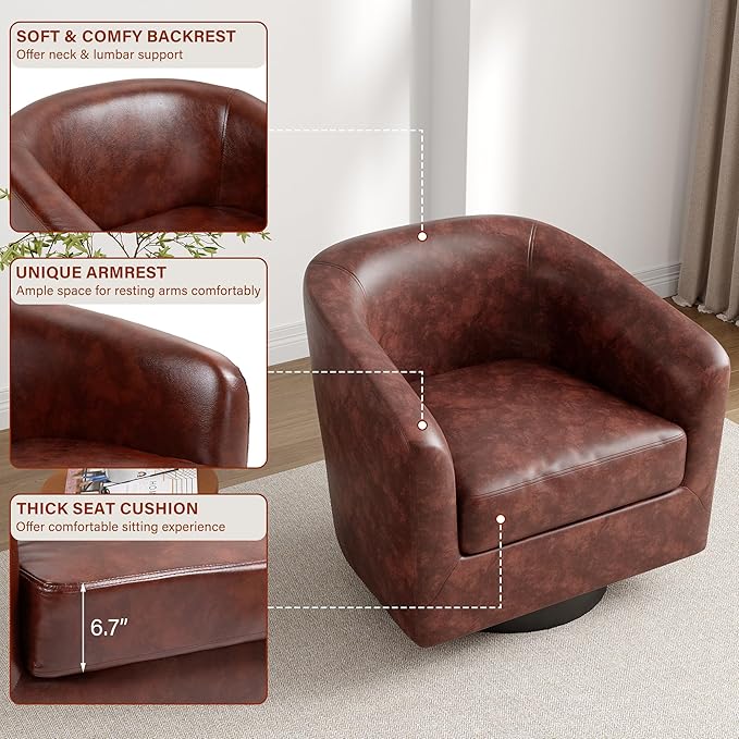 Lumibee Faux Leather Swivel Barrel Chairs Upholstered Comfy Round Swivel Accent Chair 360° Rotation Single Sofa Club Armchair for Living Room Reading Room Bedroom Red Brown