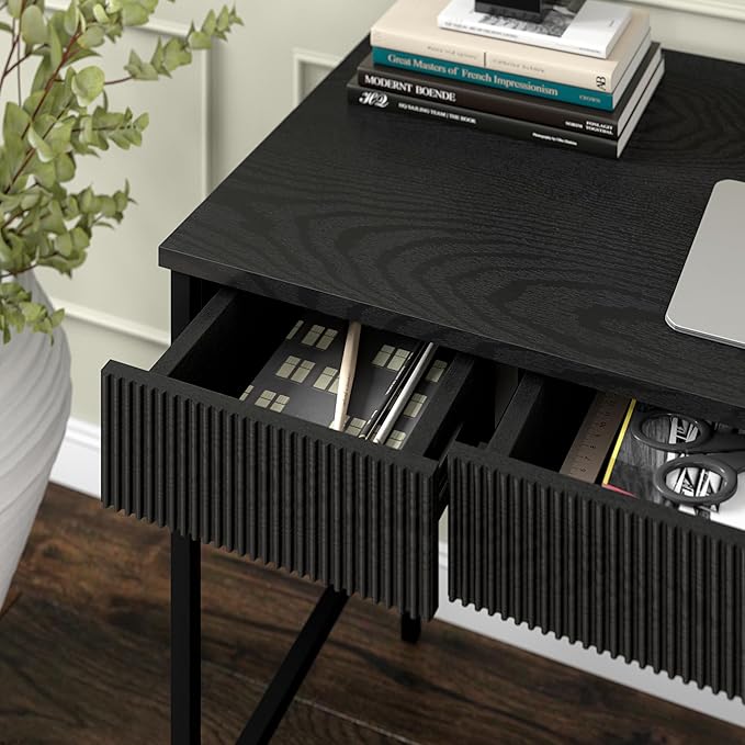 Henn&ampHart 48 Fluted Mid-Century Modern Rectangular Wooden Home Office Desk Computer Desk Writing Table with 3 Ribbed Storage Drawers for Bedroom Living Room or Home Office Ebony