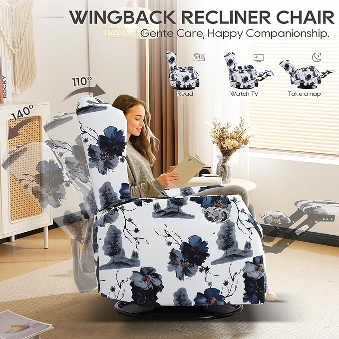 Floral Accent Swivel Rocker Recliner Wingback Recliner Chair with Padded Seat High Back Upholstered Armchair for Living Room Bedroom Home Ofiice Blue Ink Floral (Blue Ink Swivel)