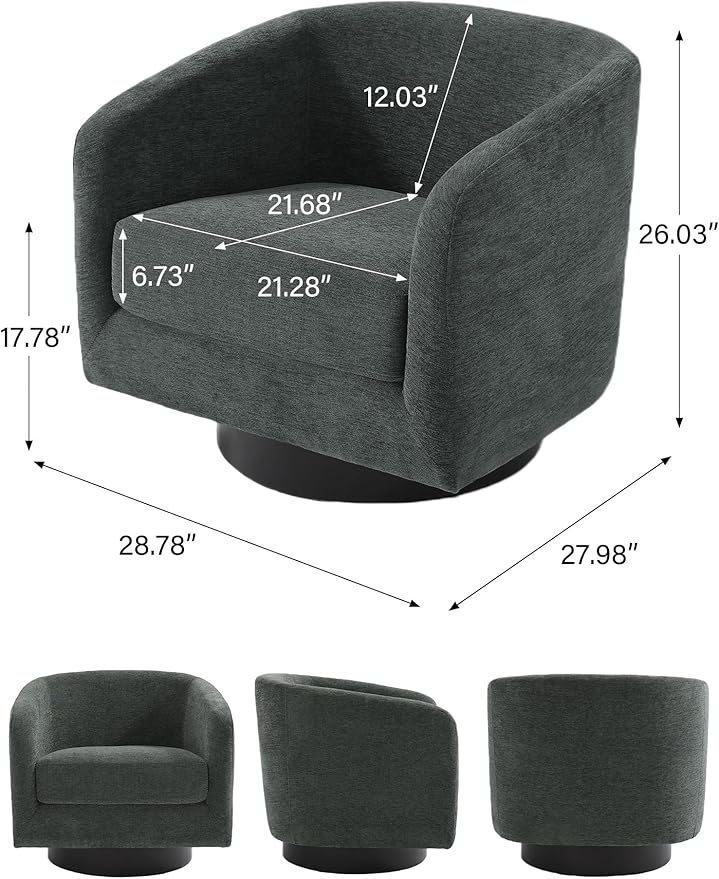 Swivel Barrel Accent Chair Modern Round Chenille Fabric Arm Chair for Living Room Bedroom Comfy Club Reading Chairs for Adults（Chenille Fabric Grey Set of 2