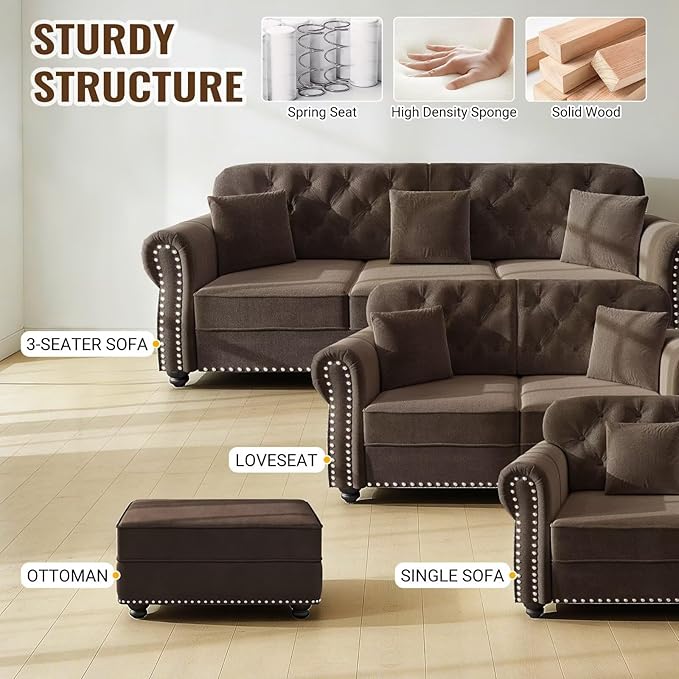 63 Velvet Chesterfield Sofa with Rolled Arms &amp Nailhead Trim Tufted Mid-Century Modern Couch for Living Room Includes 2 Pillows Brown Upholstered Sectional Sofa with 2 Ottomans