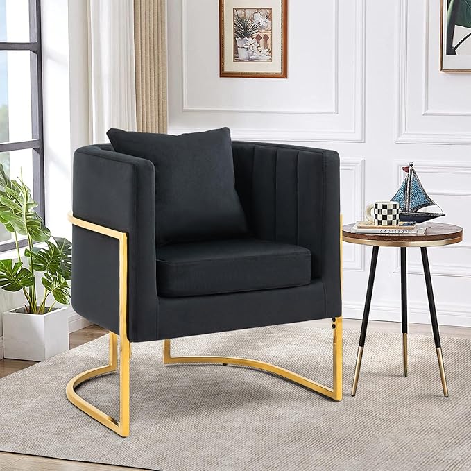 Modern Velvet Barrel Armchair with Lumbar Pillow Mid-Century Upholstered Accent Chair for Living Room Bedroom Single Sofa Club Reception Chair with Golden Metal Legs Black