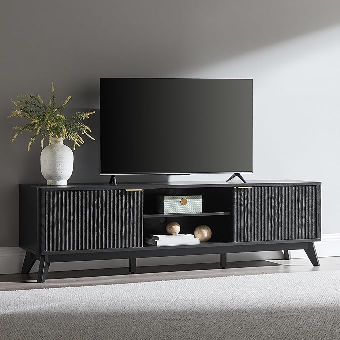 OKD 70 Mid Century Modern Fluted TV Stand Entertainment Center Sideboard Media Console for Living Room with 2 Soft Close Door/Adjustable Shelves (Black Oak)