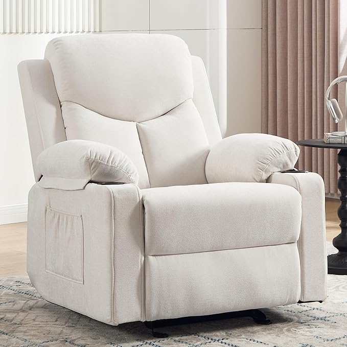 Manual Rocker Recliner Chair for Adults with Vibration MassageGlider Rocking Recliner Chairs for Living Room Bedroom Overstuffed Reclining Sofa Chair with Pockets and Cup Holds (Beige)