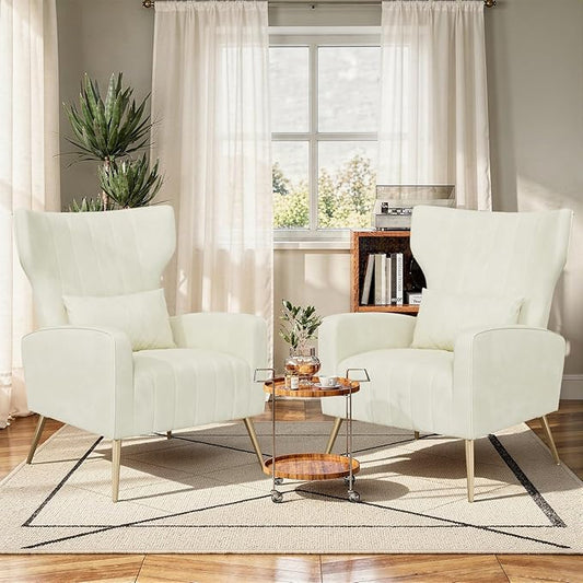 Beige Velvet Accent Chair Set of 2 Wingback Chair for Living Room High Back Arm Chair with Golden Legs Lumbar Pillow Upholstered Single Sofa Bedroom