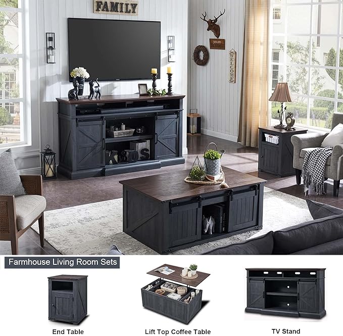 Farmhouse TV Stand for 80 Inch TVs 37.4Tall Entertainment Center w/Storage Cabinets and Sliding Barn Door Media Console Cabinet w/Soundbar &amp Adjustable Shelves for Living Room 70 inch (Dark Gr