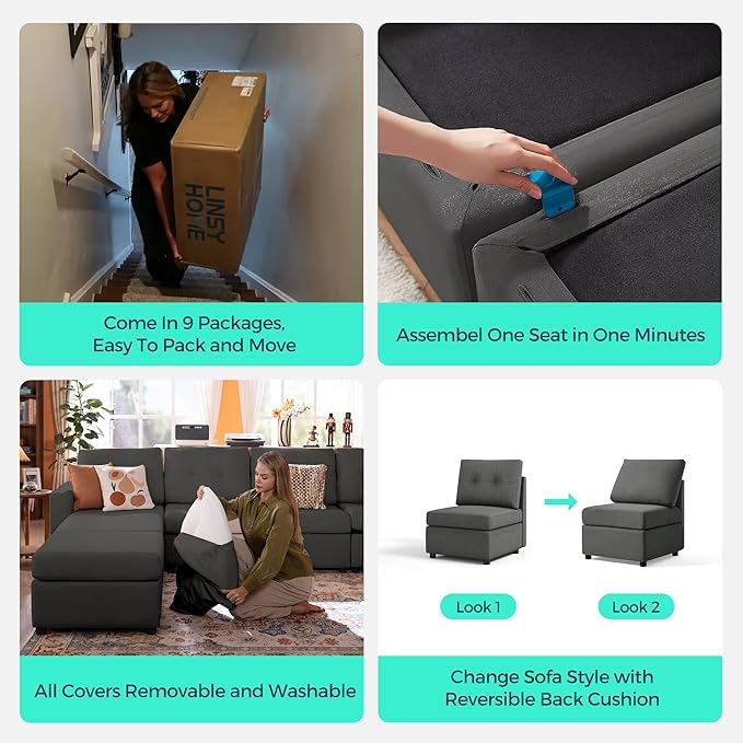 LINSY HOME Rubik III Couch - Modular Sectional Sofa Deep Seat Couches with Storage Seats &amp Removable Cover Modern Comfy Sofa for Living Room Bedroom Apartment Office Dark Grey