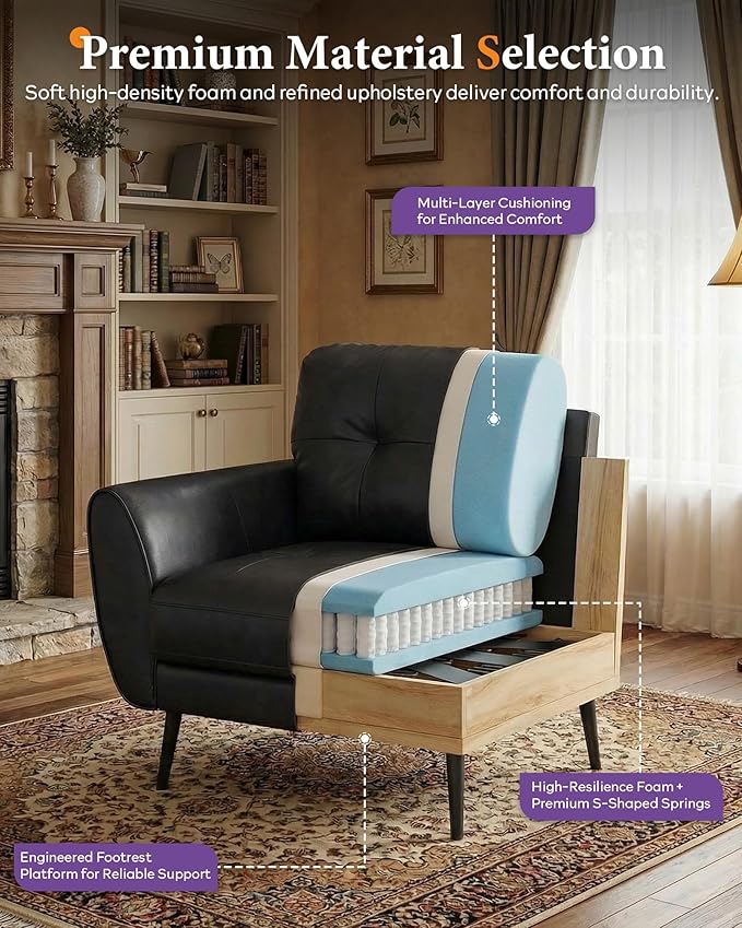 TYBOATLE Accent Chair Comfy Modern Living Room Chair Black Leather Reading Accent Chairs Tufted Mid Century Moden Arm Chair Small Salon Chair for Office Bedroom (1 Black)