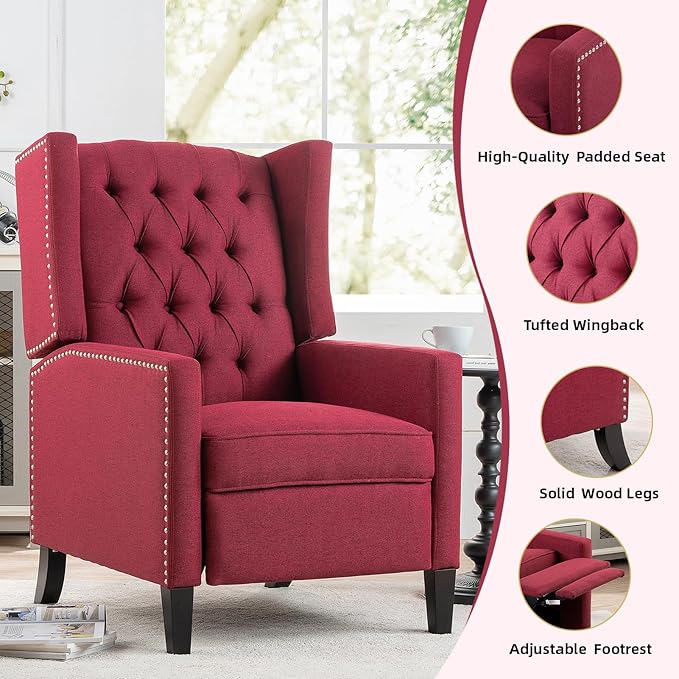 Wing Back Recliner Chair for Living Room Push Back Reclining Chairs Club Accent Chair Lounge Armchair Comfy Fabric Arm Chair with Rivet Decoration Tufted Back Solid Wood Legs Red