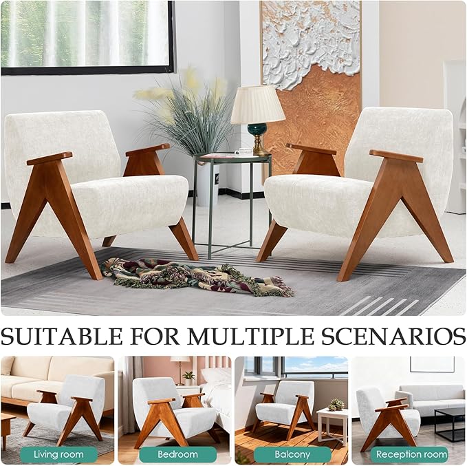 Home Accent Chair Mid Century Modern Accent Chair with Wood Frame Lounge Upholstered Armchair Reading Chair Sturdy BaseFor Living Room BedroomOfficeComfy Guest Waiting Room ChairsBeige
