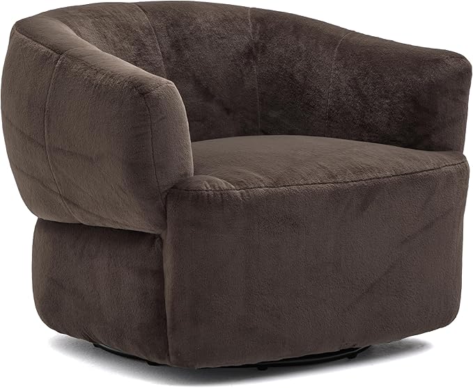 Christopher Knight Home Manie Plush Fabric 360° Swivel Accent Chair Solid Wood Living Room Swivel Barrel Chair Rotating Single Lounge Sofa Comfy Reading Armchair Dark Brown