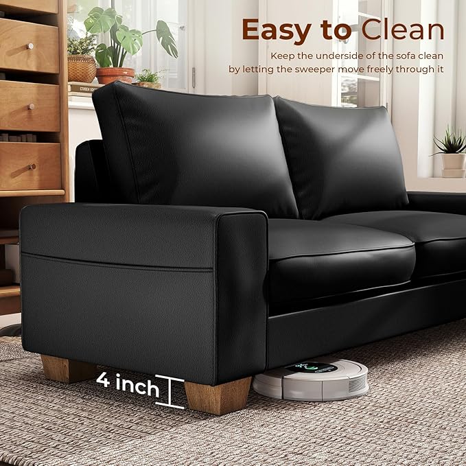 Modern Faux Leather Sofa Large Couch with Spring Cushions &amp Solid Wood Frame Easy-to-Clean Removable Cover Spacious Living Room Family Furniture Extra Long Couch (88.58 Black)