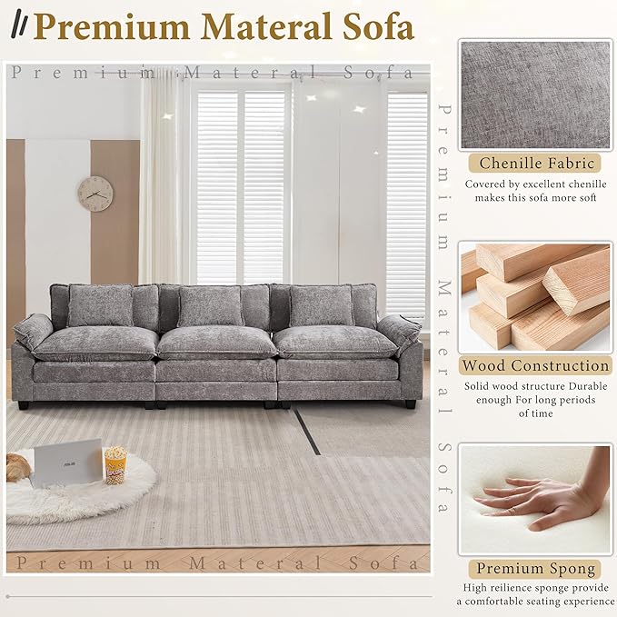 URRED Modular Sectional Sofa Comfy Cloud Couch Modern Chenille Sofa Sleeper Deep Seat Couches with Ottoman/Pillows for Living Room (Gray 117'')