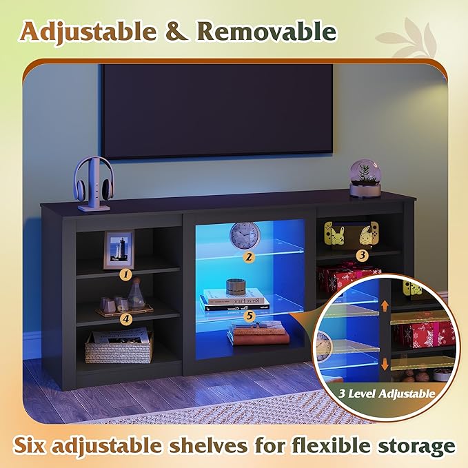 WLIVE Modern TV Stand for 65 Inch TV Entertainment Center with Adjustable Open Shelves &amp RGB LED Lights Sturdy Media Console for Living Room BedroomGaming (Black)
