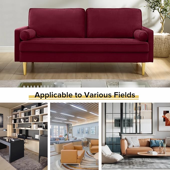 2-Seater Velvet Tufted Love Seat Couch with Bolster Pillows 67 Mid Century Modern Loveseat Sofa Golden Frosted Legs for Small Space Living Room Apartment Bedroom (Red)