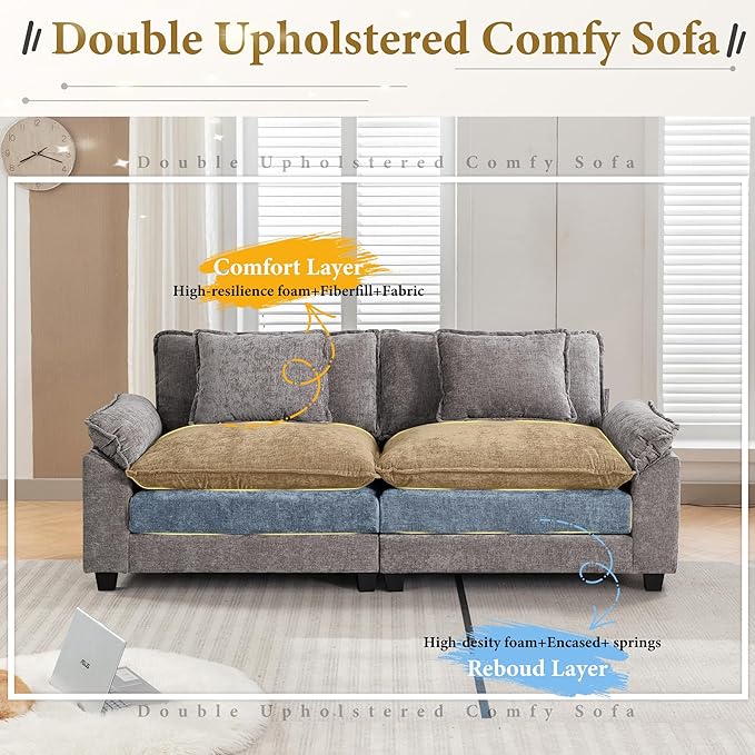 URRED Modular Sectional Sofa Comfy Cloud Couch Modern Chenille Sofa Sleeper Deep Seat Couches with Ottoman/Pillows for Living Room (Gray 82.6'')
