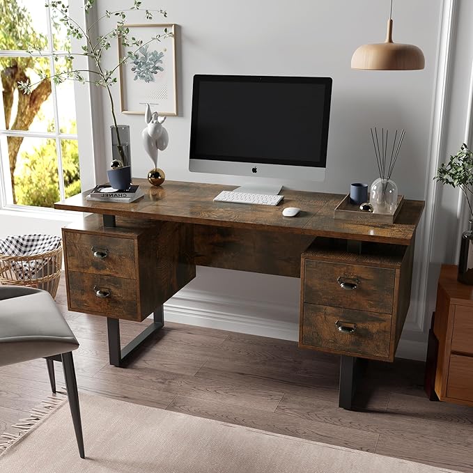 Computer Desk with 4 Drawers for Files Organization Large Home Office Desk with Storage Shelves Industrial Study Writing Table Workstation for Home Office Study Room Dedroom Rustic Brown