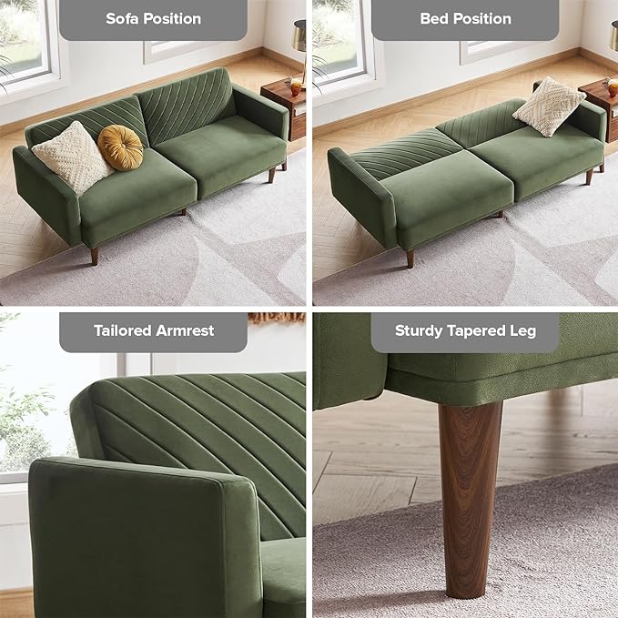 mopio 76.4 Futon Sofa Bed Couch Loveseat Sleeper Sofa Mid Century Modern Futon Couch Sofa Cama Couches for Living Room (Olive Green Premium Velvet)