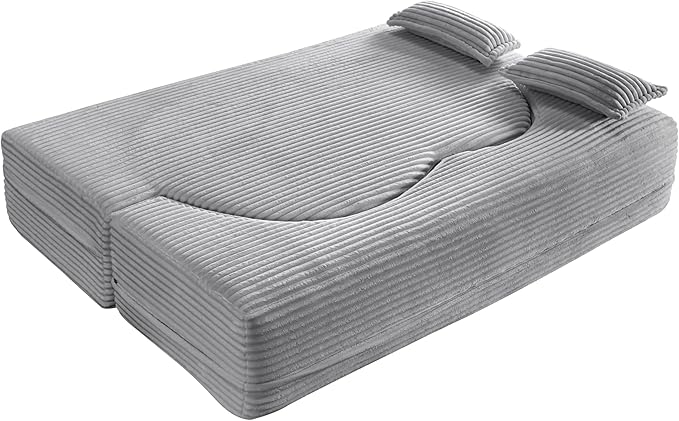 2 in 1 Folding Floor Couch Sofa Bed with 2 Pillows Convertible Sleeper Sofa Modern Full Mattress for Living Room Guestroom Plush Corduroy Floor Sofa BedNo Assembly RequiredLight Grey