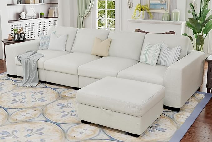 Youmumeub Oversized Modular Sectional Couch with 4 Lumbar Pillows L Shaped Couches for Living Room 130 4 Seater Sofas with Storage Ottoman U Shaped Sofa Beige