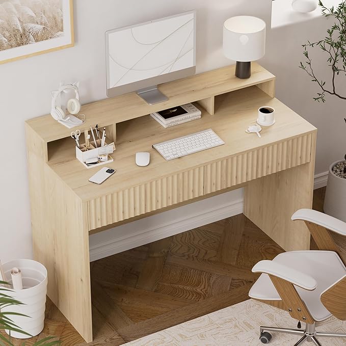 47 Executive Desk with Fluted Drawer Modern Wood Home Office Desk with Long Monitor Stand and 2 Drawers Computer Writing Desk for Study Office Vanity Light Oak