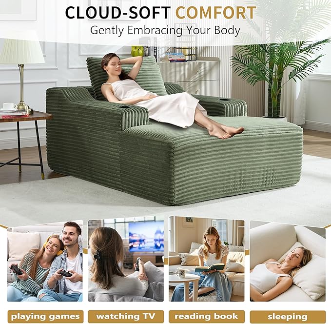 Boneless CouchComfy Fluffy Sofa BedUpholstered Sleeper Sofa Couch with Throw Pillows and ArmrestsCorduroy Plush Cloud Couches with Cup Holder Green