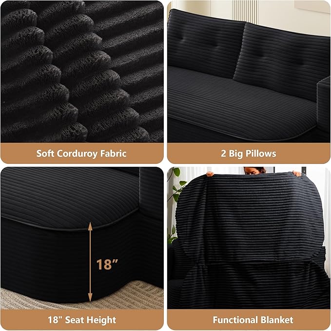 Aoowow Folding Sofa Bed with Blanket 78.7” Convertible Sleeper Sofa with Pillows Modern Corduroy Floor Loveseat Couch Comfy Foam Filled Couches Full Folding Mattress for Living Room Black