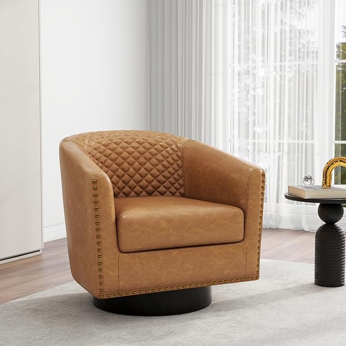 Swivel Barrel Accent Chair Comfy Modern Upholstered Round Faux Leather Arm Chair for Living Room Bedroom（Coffee Set of 1