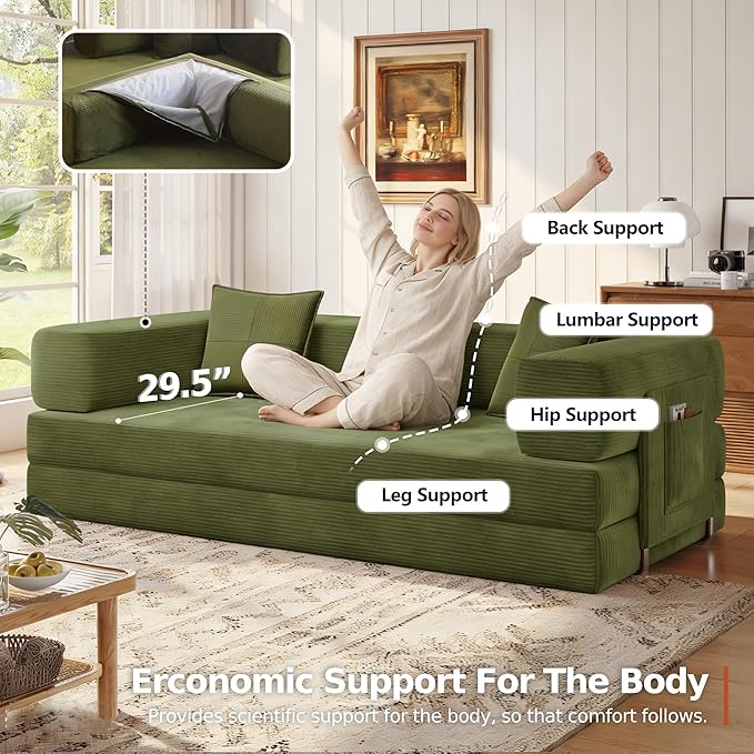 MoonSpeak 78.8''Sleeper Couch Bed for LivingroomConvertible Modular Sofa with Armrest PillowModular Foldable Corduroy Couches in a BoxNo Assembly (Green)