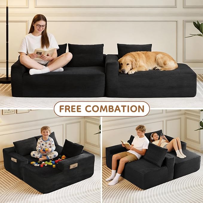 Rovibek 97 Black Boneless Couch Modular Sectional Sofa with Chaise Compressed Corduroy Couch with Deep Seat No Assembly Required