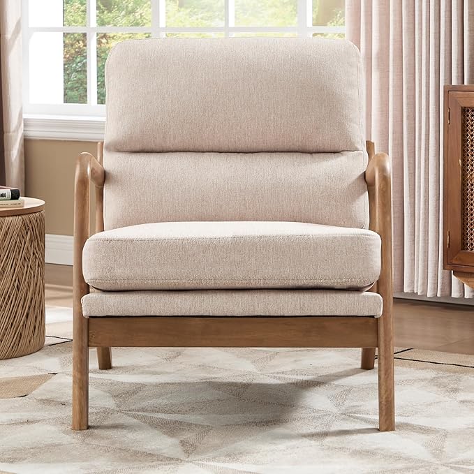 Bonzy Home Mid Century Modern Accent Chair Upholstered Reading Armchair with Solid Wood Frame &amp Thick Cushion Comfy Lounge Chair for Living Room Bedroom Apartment Beige