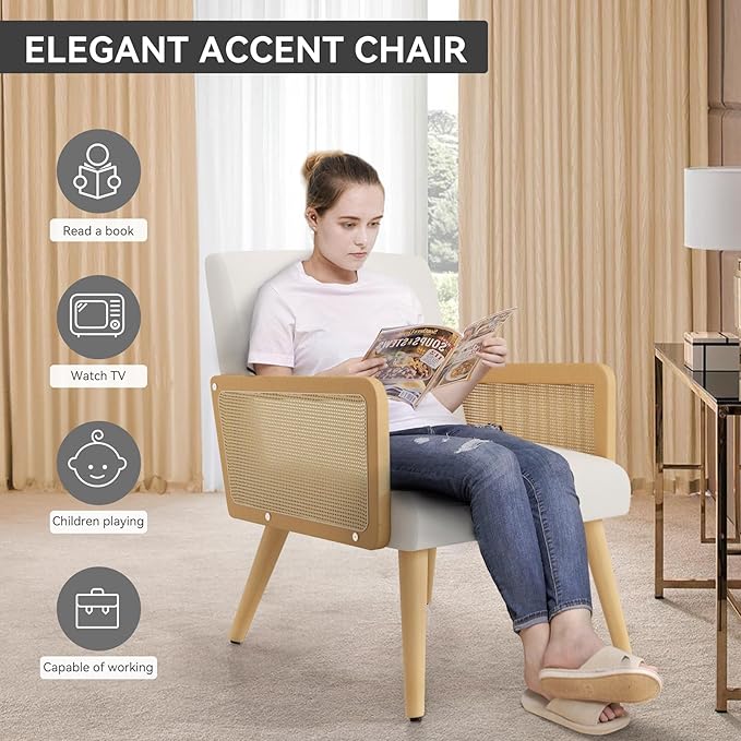 Accent Chair with Rattan Arms Set of 2 Dining Chair with Wood Legs Modern Armchair for BedroomLiving Room and Kitchen Lounge Chair Reading Chair Beige