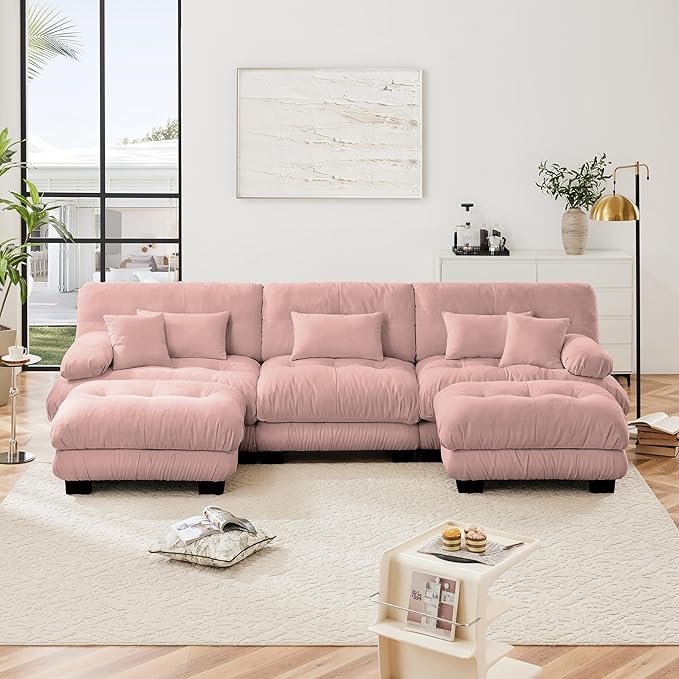 U Shaped Couch Modular Sectional Sofa Modern Deep Seat Cloud Couch 3-Seater Modular Couches for Living Room Comfy Chenille Sofa Bed with Round Armrests 5 Pillows Pink Sofas for Bedroom