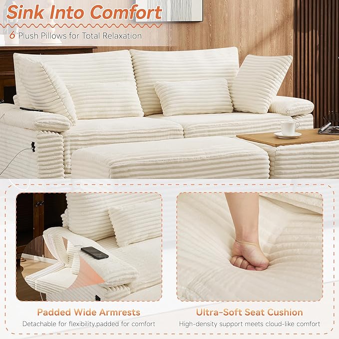 75 Corduroy Loveseat with Storage Ottoman Cloud Deep Seat Couch with Convertible Ottoman Coffee Table &amp USB Double Chaise Lounge for Living Room Beige