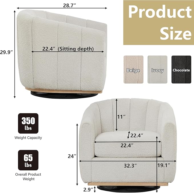 32.3 Ivory Swivel Accent Chair Wide Curved Backrest Thickened Upholstered Accent Chairs for BedroomComfortable ArmchairModern Swivel Chairs for Living Room