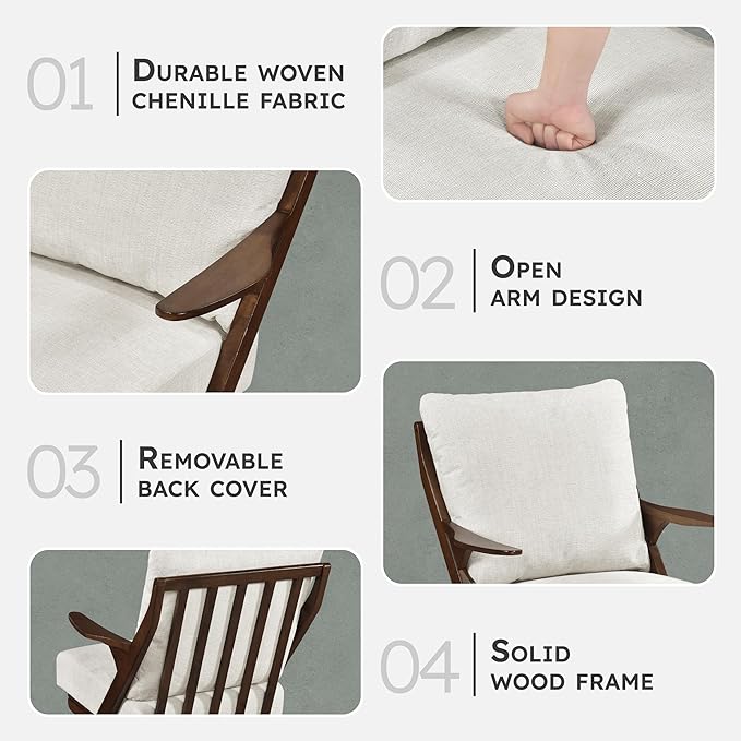 Lexicon Mid Century Modern Accent Chair Pascal Brown Solid Rubberwood Frame Reversible Back Cushion Woven Chenille Upholstered Reading Chair for Living Room/Bedroom/Office Beige