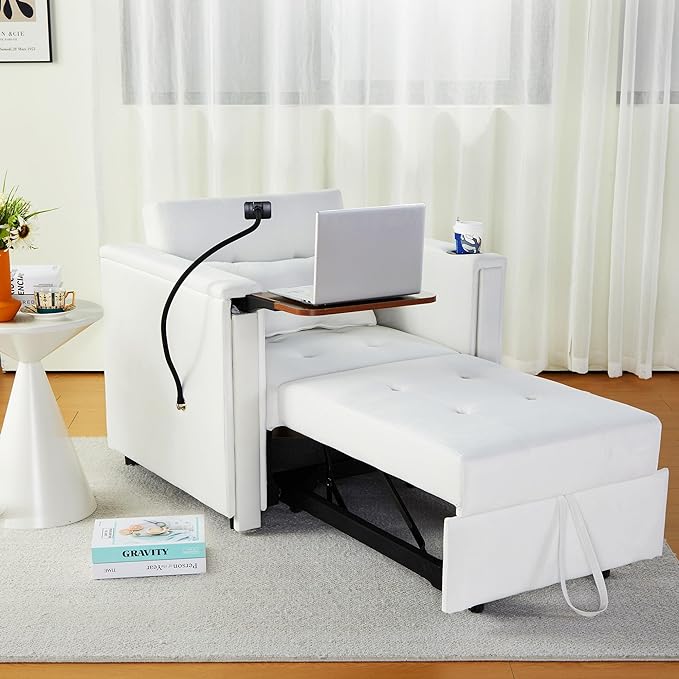 Velvet Convertible Chair Bed 3 in 1 Multi-Functional Lounge Chair Sleeper Pull Out Couch Guest Bed with Hidden Table and Adjustable Backrest for Living Room (White)