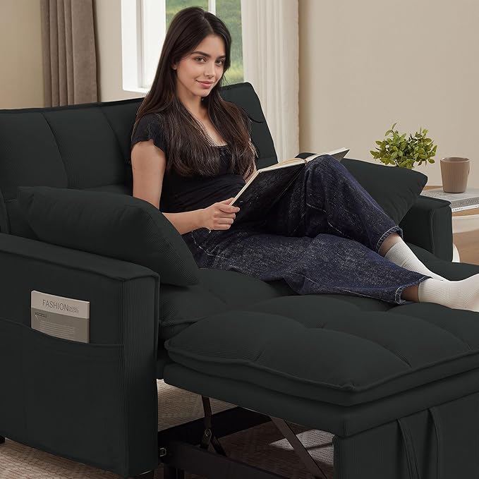 Sleeper Sofa with Pull Out Couch Bed 48.43 Convertible Pull-Out Sofa Bed Chair 3-in-1 Futon Couch with Reclining Backrest and Side Pockets for Living Room Bedroom Apartment Light Grey